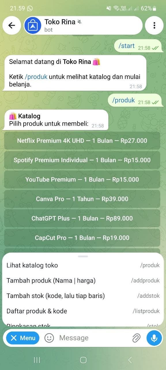 Katalog Toko Rina di bot Telegram — pembeli pilih produk & bayar QRIS